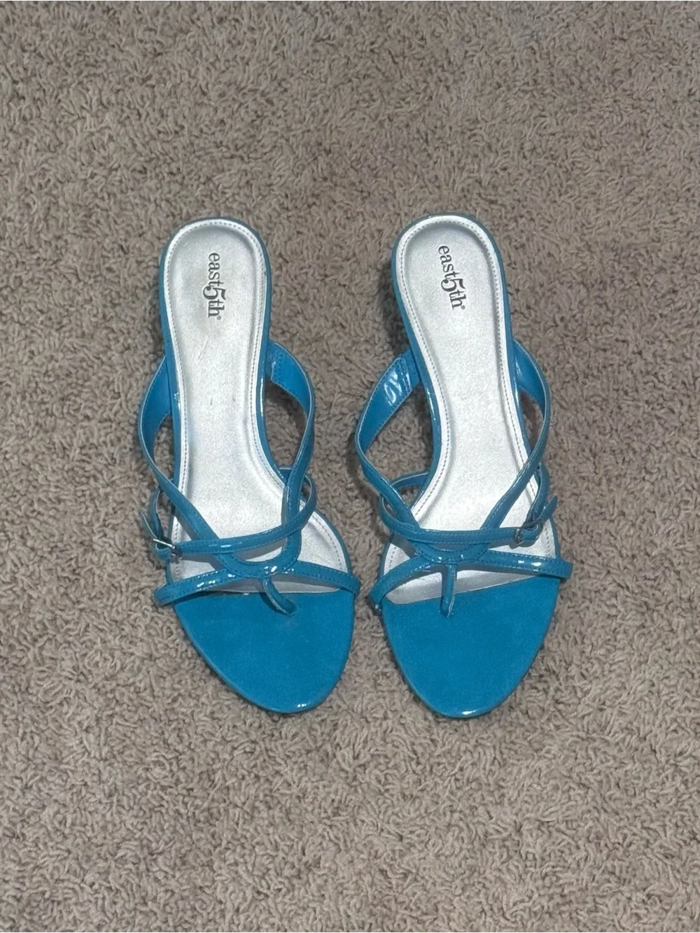 East 5th Teal, Bright Blue Strappy Kitten Heel Mule Sandals